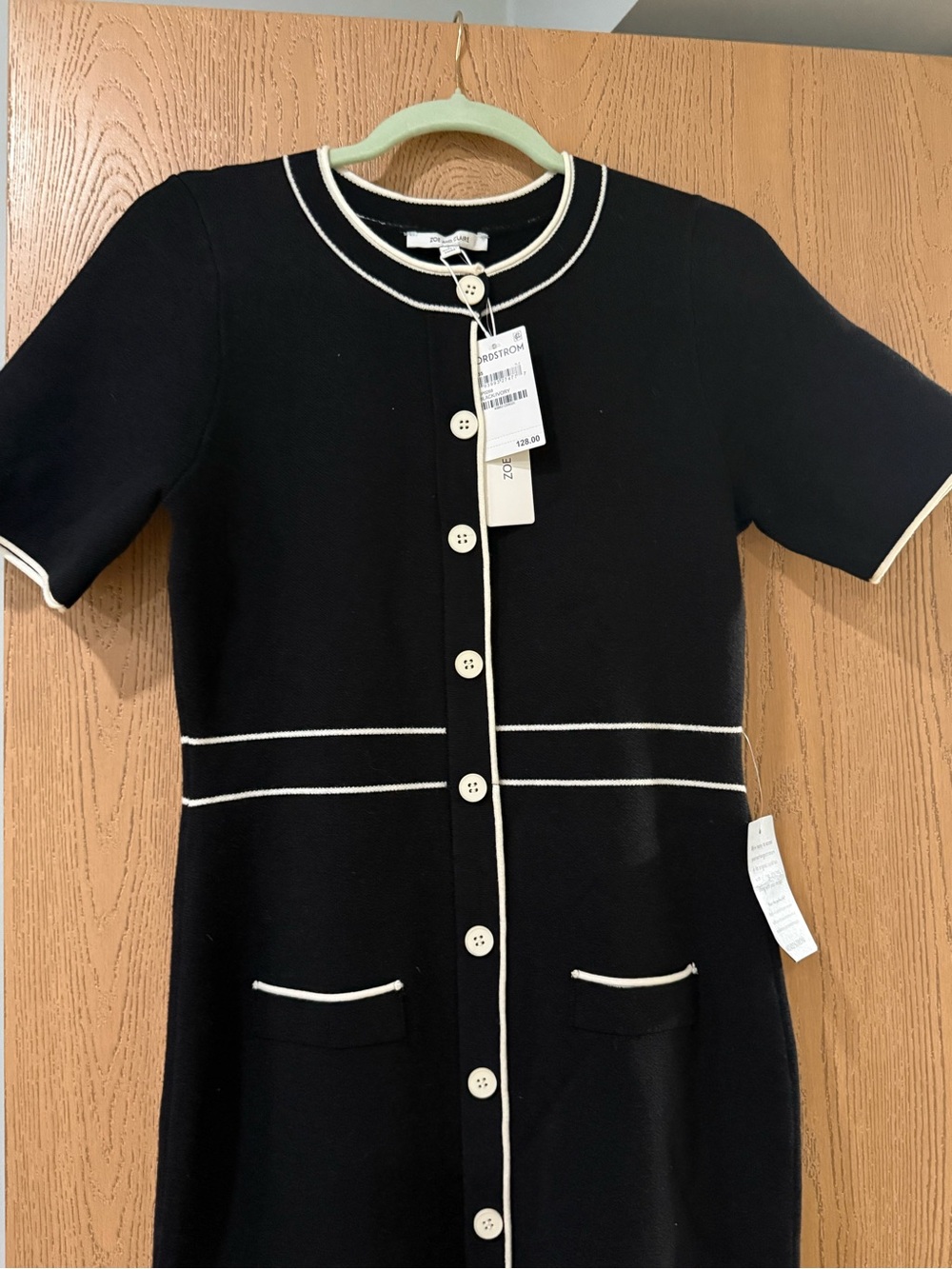 Zoe and Claire Black Knit Button-Front Dress with White Trim